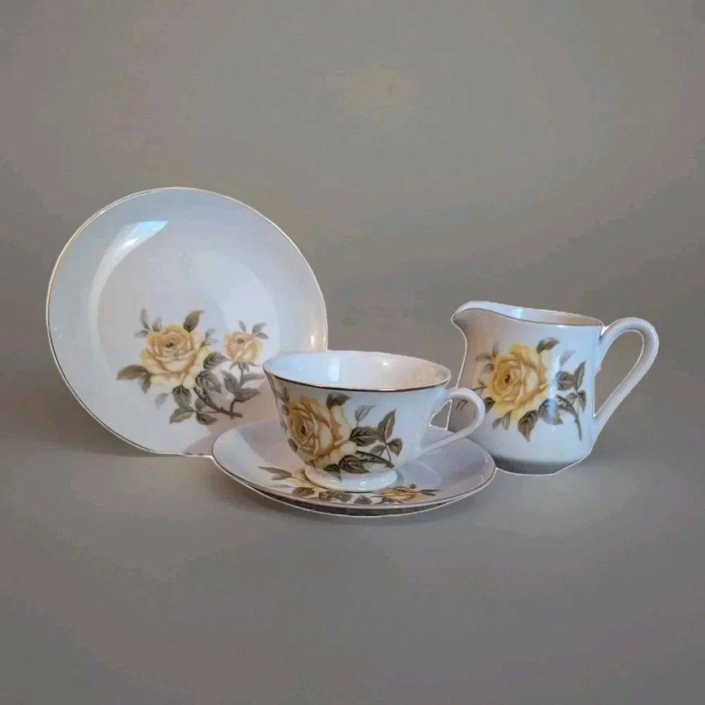 Talisman by Norleans Yellow Rose Plate, Cup, Saucer & Creamer Dish W/Gold Trim